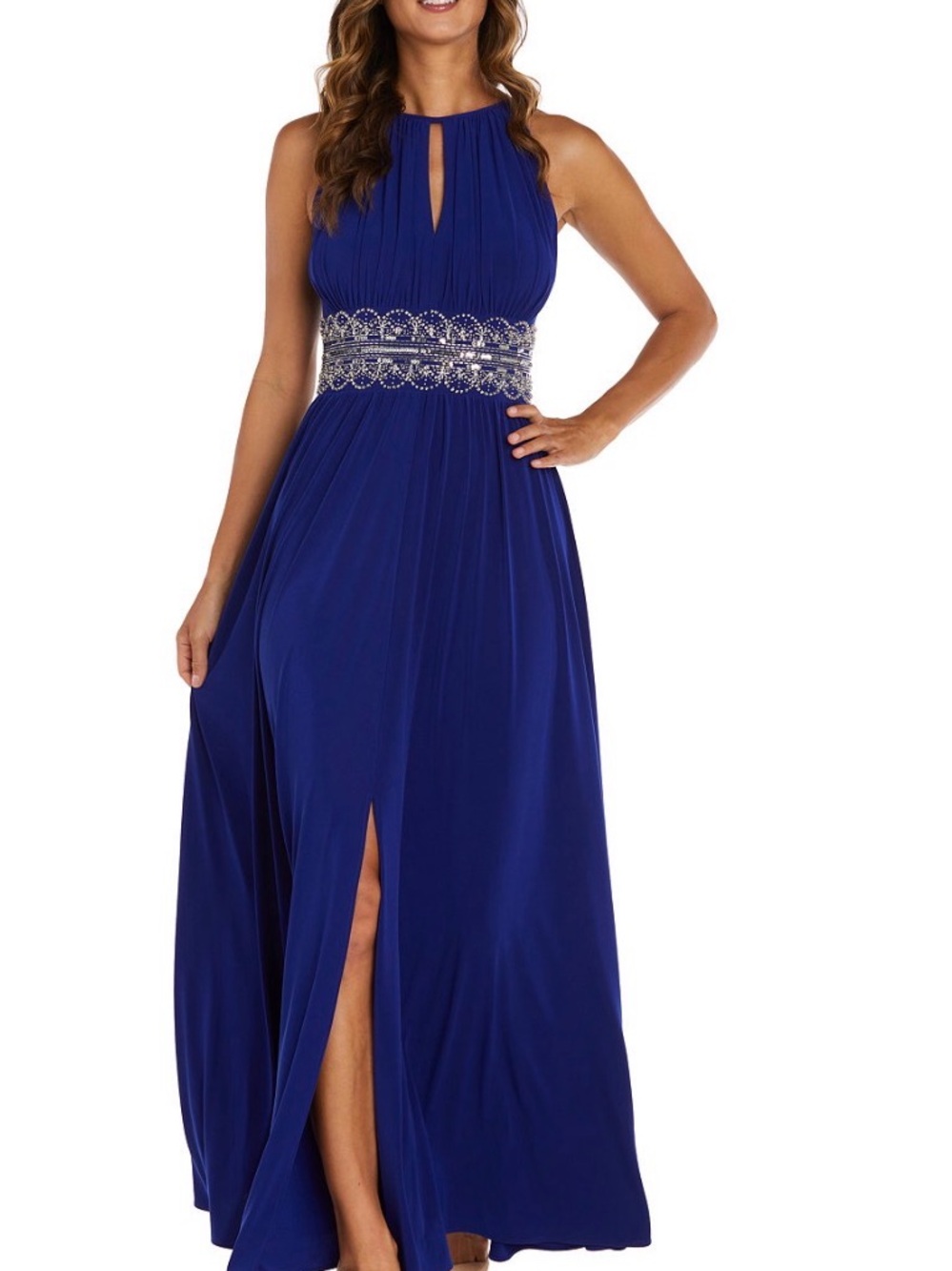 R&M Richards Royal Blue Halter Maxi Gown with Beaded Waistband